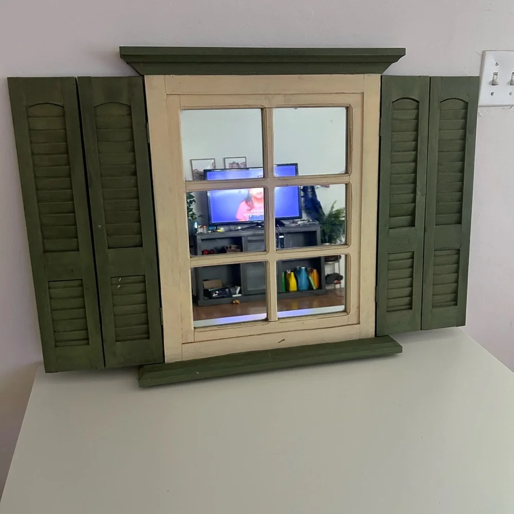 VTG HOMCO HOME INTERIORS WOOD WINDOW PANE & SAGE GREEN SHUTTERS WITH MIRROR DECO